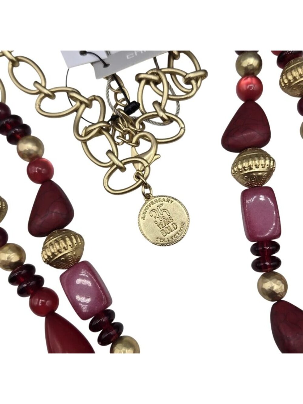 Vintage Chicos Red Statement Necklace Gold Beaded Fringe Bold 35th Anniversary - Picture 9 of 12